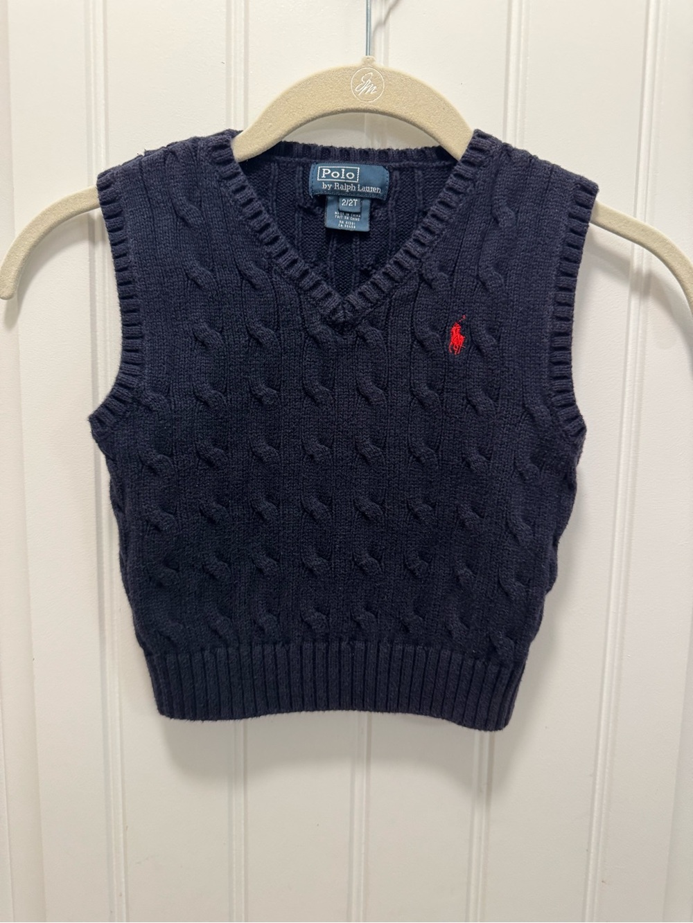 Vtg Polo by Ralph Lauren Toddler Boy Cable-Knit Navy Sweater Vest Red Pony 2T